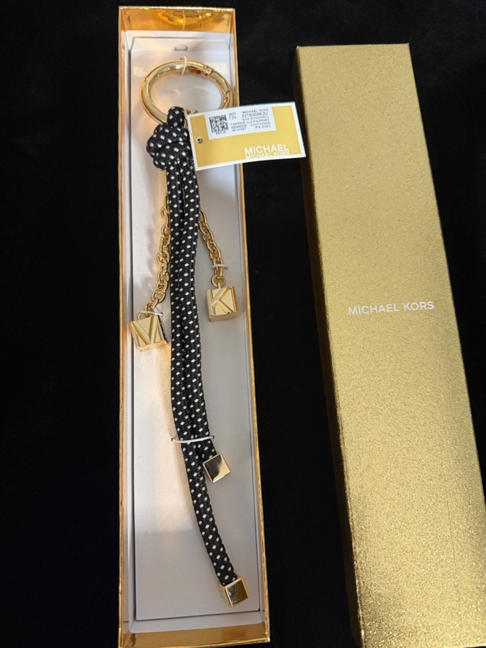 Michael Kors Black & White Polka Dot Gold-Tone Keyring Charm